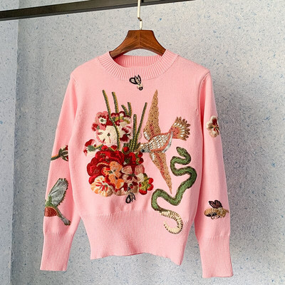 Σχεδιαστής πασαρέλας Γυναικεία πουλόβερ πουλόβερ με μπλε πουλί με κέντημα 2022 Χειμερινά Χριστούγεννα πολυτελής επωνυμία Beading Πλεκτομηχανές πουλόβερ