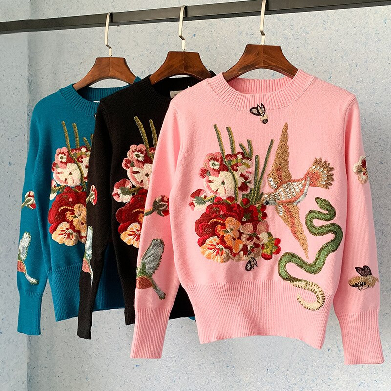 Σχεδιαστής πασαρέλας Γυναικεία πουλόβερ πουλόβερ με μπλε πουλί με κέντημα 2022 Χειμερινά Χριστούγεννα πολυτελής επωνυμία Beading Πλεκτομηχανές πουλόβερ