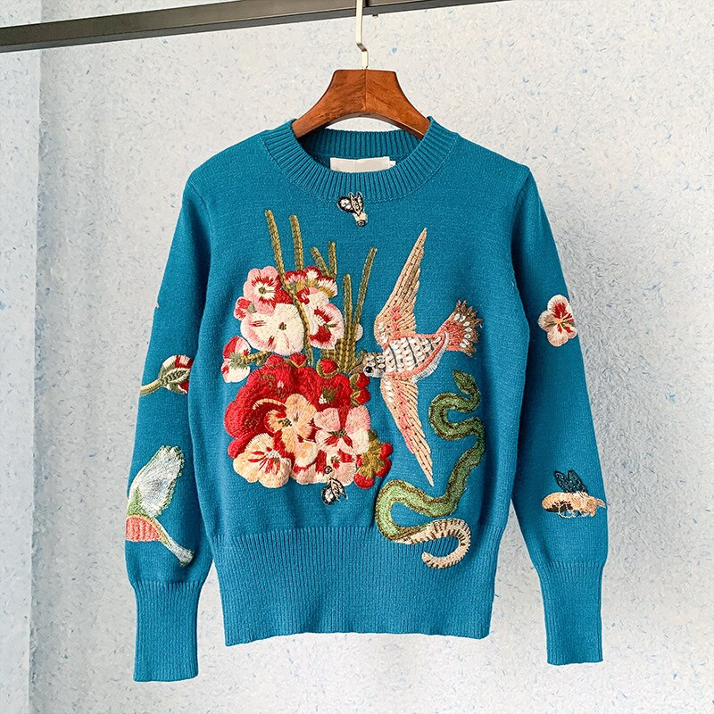 Σχεδιαστής πασαρέλας Γυναικεία πουλόβερ πουλόβερ με μπλε πουλί με κέντημα 2022 Χειμερινά Χριστούγεννα πολυτελής επωνυμία Beading Πλεκτομηχανές πουλόβερ