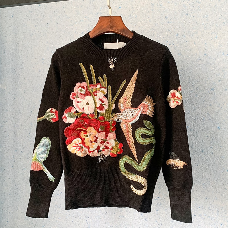 Σχεδιαστής πασαρέλας Γυναικεία πουλόβερ πουλόβερ με μπλε πουλί με κέντημα 2022 Χειμερινά Χριστούγεννα πολυτελής επωνυμία Beading Πλεκτομηχανές πουλόβερ