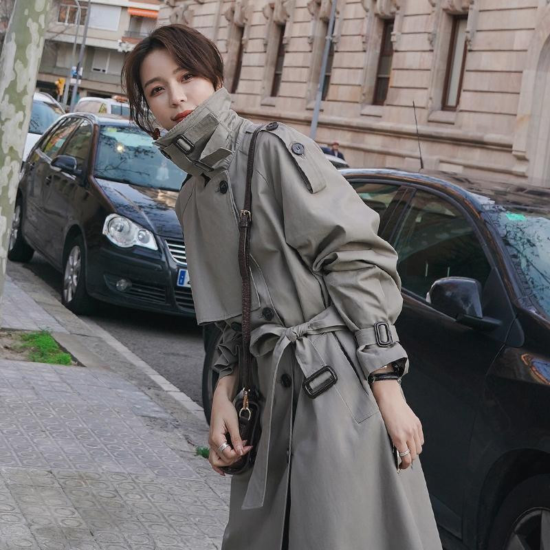Eleganta Sieviešu vidēja garuma vējjaka ar jostu korejiešu augstas kvalitātes divrindu brīvs ikdienišķs Trench mētelis rudens jaunums