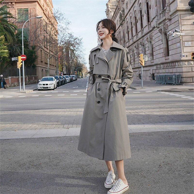 Eleganta Sieviešu vidēja garuma vējjaka ar jostu korejiešu augstas kvalitātes divrindu brīvs ikdienišķs Trench mētelis rudens jaunums