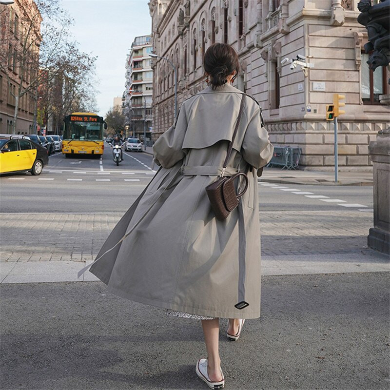Eleganta Sieviešu vidēja garuma vējjaka ar jostu korejiešu augstas kvalitātes divrindu brīvs ikdienišķs Trench mētelis rudens jaunums