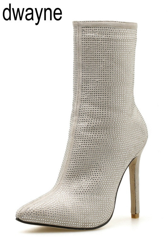 Дамски боти до глезена Плюс размер 35-42 Обувки с високи токчета с кристали Дамски обувки с остър пръст с цип Секси мотоциклетни ботуши за жени 2019