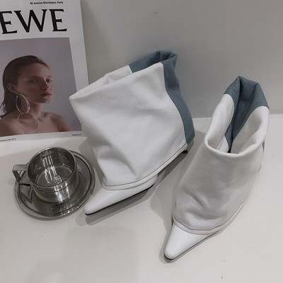 Zili/balti sieviešu zābaki ar smailiem purngaliem Džinsu bruņinieku zābaki plāni augsti papēži Eleganti ballīte ziemas naktskluba zābaki sievietēm 35-39