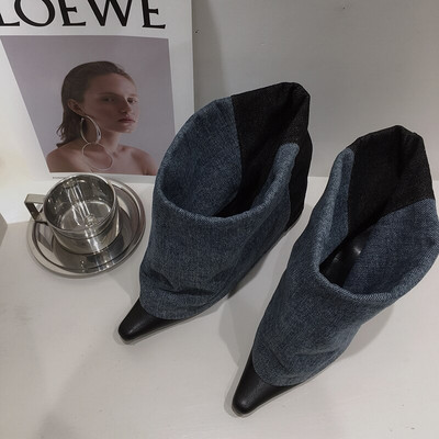 Zili/balti sieviešu zābaki ar smailiem purngaliem Džinsu bruņinieku zābaki plāni augsti papēži Eleganti ballīte ziemas naktskluba zābaki sievietēm 35-39