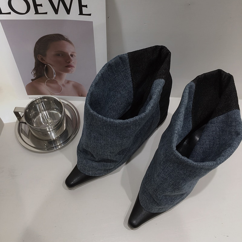 Zili/balti sieviešu zābaki ar smailiem purngaliem Džinsu bruņinieku zābaki plāni augsti papēži Eleganti ballīte ziemas naktskluba zābaki sievietēm 35-39