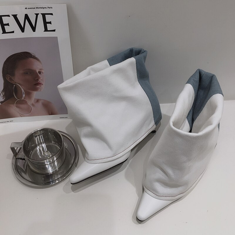 Zili/balti sieviešu zābaki ar smailiem purngaliem Džinsu bruņinieku zābaki plāni augsti papēži Eleganti ballīte ziemas naktskluba zābaki sievietēm 35-39