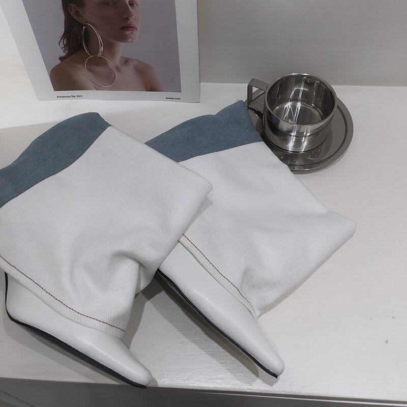 Zili/balti sieviešu zābaki ar smailiem purngaliem Džinsu bruņinieku zābaki plāni augsti papēži Eleganti ballīte ziemas naktskluba zābaki sievietēm 35-39