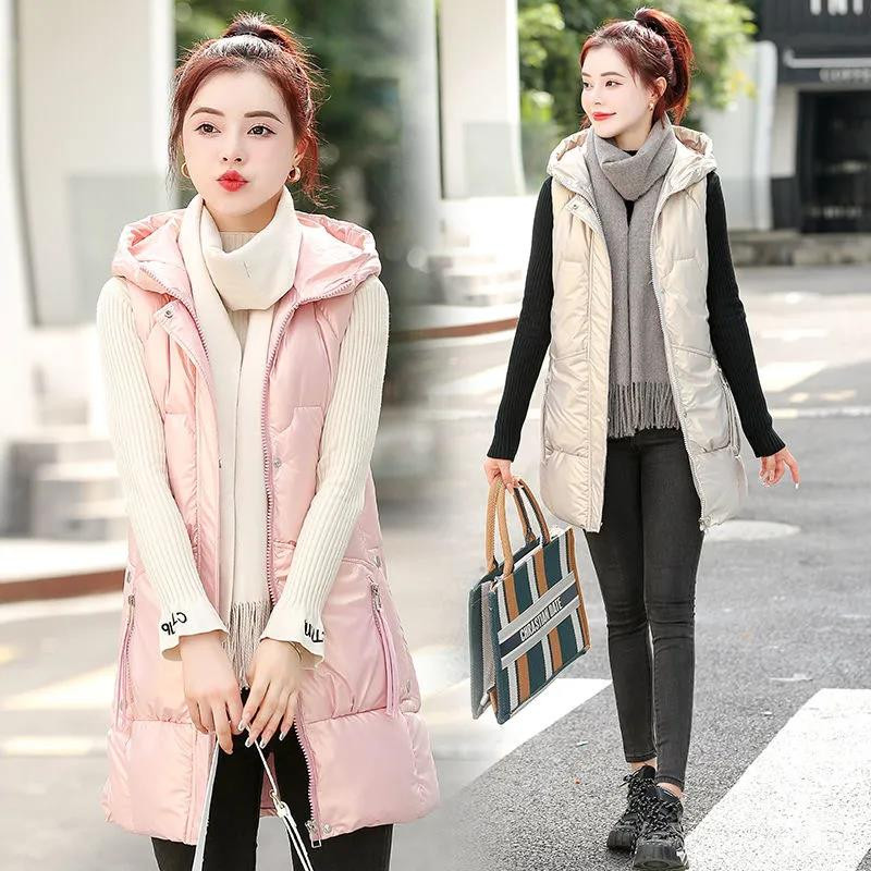 2022. gada jauna modes kokvilnas polsterēta jaka veste, spilgts mētelis sieviešu rudens ziemas brīvas siltas jakas ar kapuci sieviešu veste