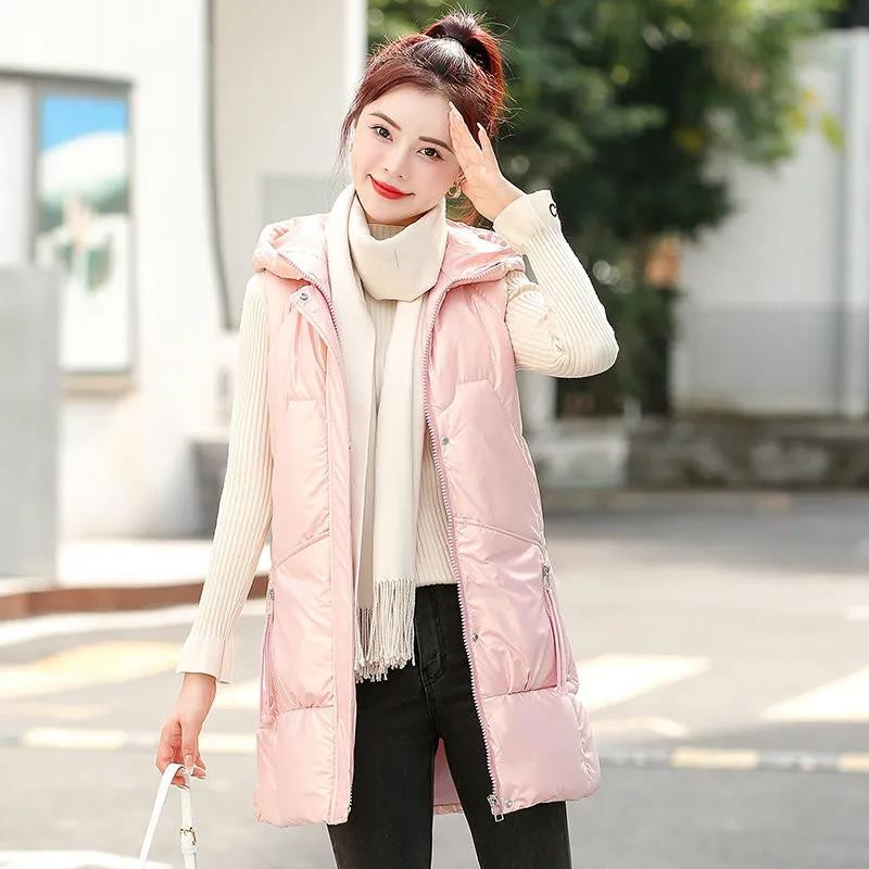 2022. gada jauna modes kokvilnas polsterēta jaka veste, spilgts mētelis sieviešu rudens ziemas brīvas siltas jakas ar kapuci sieviešu veste