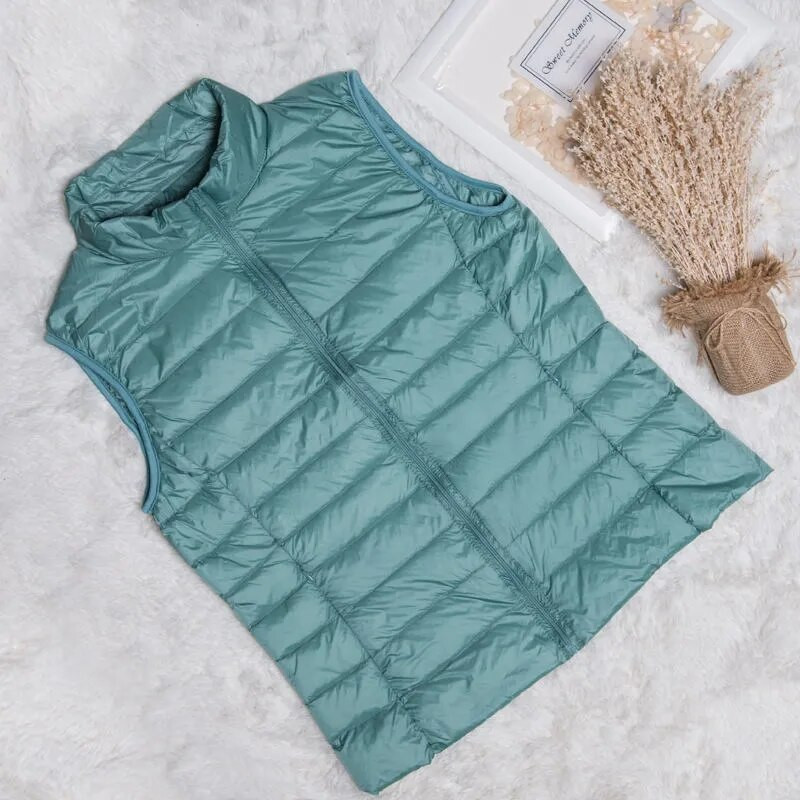 Φθινοπωρινό, χειμερινό, εξαιρετικά ελαφρύ γυναικείο πουπουλένιο τζάκετ αμάνικο λευκό πάπια πουπουλένιο ζεστό γιλέκο πανωφόρι για γυναίκες φορητό