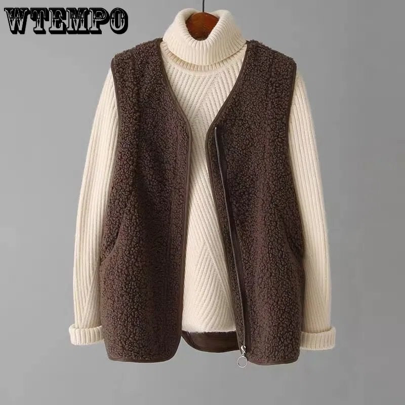 Modni prsluci od umjetne janjeće vune, jednobojni topli prsluci bez rukava s V-izrezom, bež kaveni prsluci Ženski vanjski prsluci u korejskom stilu jesen i zima