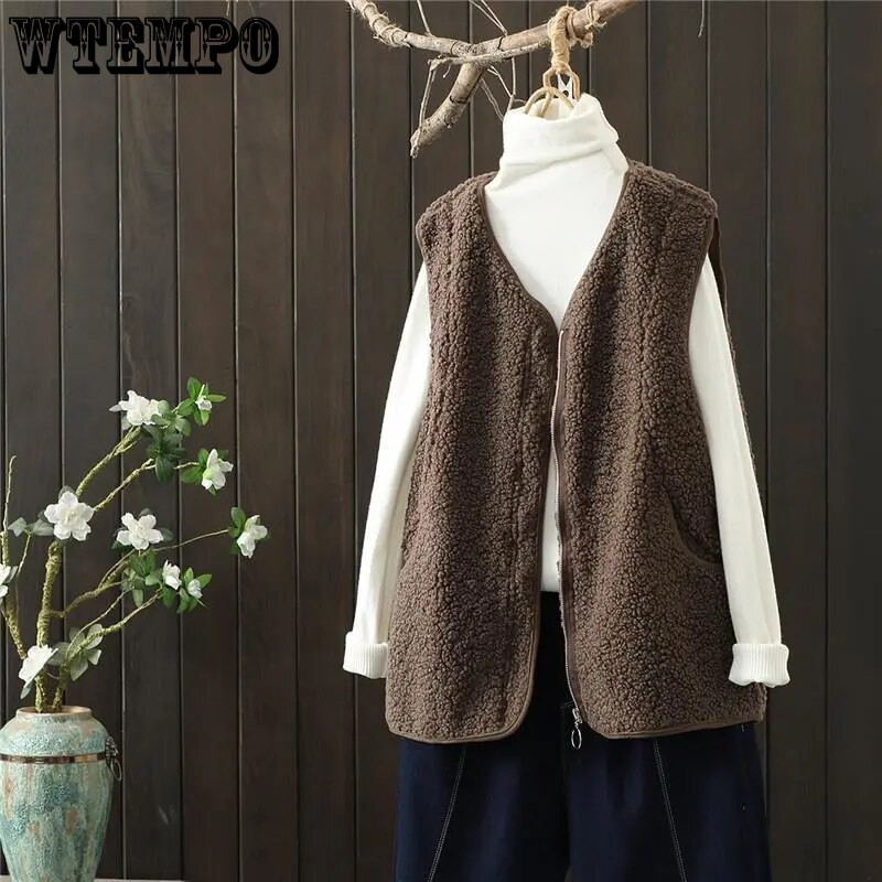 Modni prsluci od umjetne janjeće vune, jednobojni topli prsluci bez rukava s V-izrezom, bež kaveni prsluci Ženski vanjski prsluci u korejskom stilu jesen i zima
