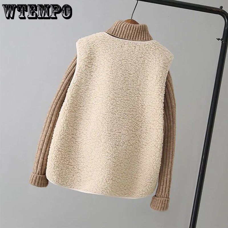 Modni prsluci od umjetne janjeće vune, jednobojni topli prsluci bez rukava s V-izrezom, bež kaveni prsluci Ženski vanjski prsluci u korejskom stilu jesen i zima