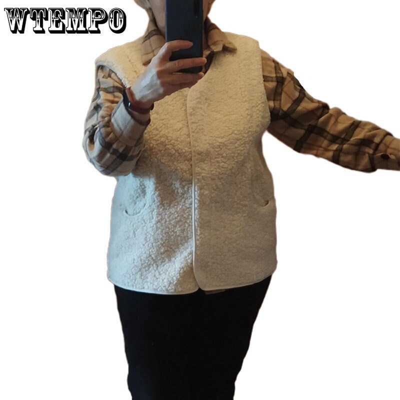Modni prsluci od umjetne janjeće vune, jednobojni topli prsluci bez rukava s V-izrezom, bež kaveni prsluci Ženski vanjski prsluci u korejskom stilu jesen i zima