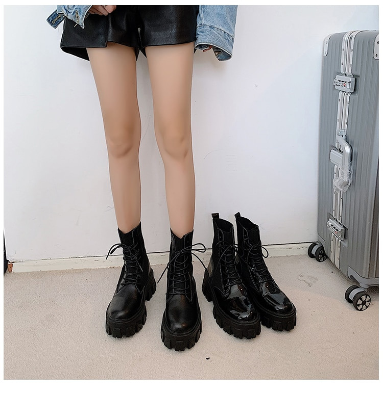 Gležnjače Lakirane kožne čizme za žene Čizme s platformom na vezanje Ženske jesenske zimske tople neklizajuće kratke čizme Ženske čizme
