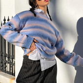 Γυναικείο πουλόβερ με ρίγες ουράνιο τόξο Κορεάτικη μόδα φθινόπωρο νέο ντεγκραντέ ριγέ πουλόβερ πουλόβερ με στρογγυλή λαιμόκοψη με απαλό casual φαρδύ μπλουζάκι