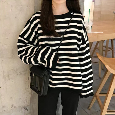 Γυναικείο πουλόβερ με ρίγες ουράνιο τόξο Κορεάτικη μόδα φθινόπωρο νέο ντεγκραντέ ριγέ πουλόβερ πουλόβερ με στρογγυλή λαιμόκοψη με απαλό casual φαρδύ μπλουζάκι