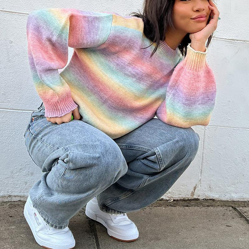 Γυναικείο πουλόβερ με ρίγες ουράνιο τόξο Κορεάτικη μόδα φθινόπωρο νέο ντεγκραντέ ριγέ πουλόβερ πουλόβερ με στρογγυλή λαιμόκοψη με απαλό casual φαρδύ μπλουζάκι