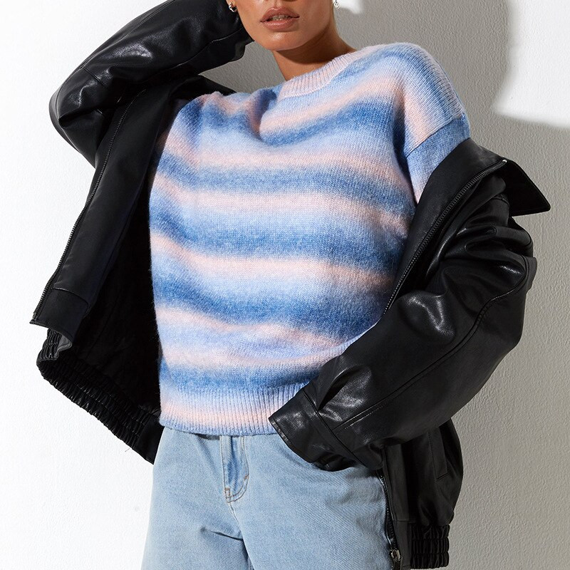 Γυναικείο πουλόβερ με ρίγες ουράνιο τόξο Κορεάτικη μόδα φθινόπωρο νέο ντεγκραντέ ριγέ πουλόβερ πουλόβερ με στρογγυλή λαιμόκοψη με απαλό casual φαρδύ μπλουζάκι