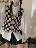 Harajpoo γυναικείο γιλέκο σκακιέρα δικτυωτό γυναικείο γιλέκο Άνοιξη Φθινόπωρο 2021 Νέο Vintage V λαιμόκοψη αμάνικο πουλόβερ Y2k Tank Top