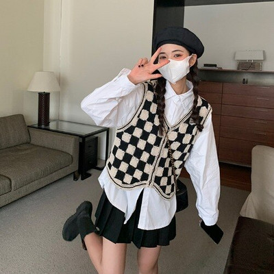 Harajpoo γυναικείο γιλέκο σκακιέρα δικτυωτό γυναικείο γιλέκο Άνοιξη Φθινόπωρο 2021 Νέο Vintage V λαιμόκοψη αμάνικο πουλόβερ Y2k Tank Top