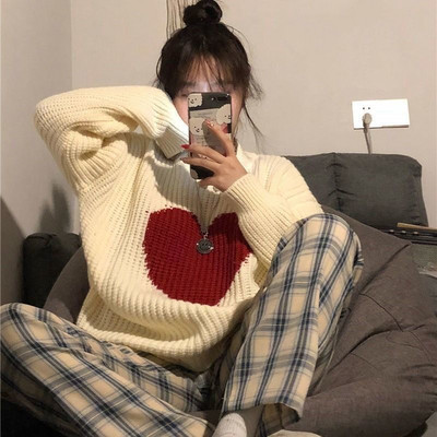 αγάπη πουλόβερ γυναικεία μόδα στρογγυλή λαιμόκοψη χρώμα μπλοκ μακρυμάνικο πουλόβερ πουλόβερ φαρδύ πλεκτό ευέλικτο τοπ υπερμεγέθη πουλόβερ