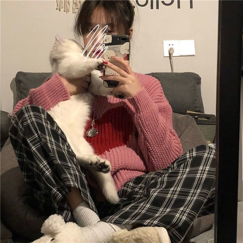 αγάπη πουλόβερ γυναικεία μόδα στρογγυλή λαιμόκοψη χρώμα μπλοκ μακρυμάνικο πουλόβερ πουλόβερ φαρδύ πλεκτό ευέλικτο τοπ υπερμεγέθη πουλόβερ