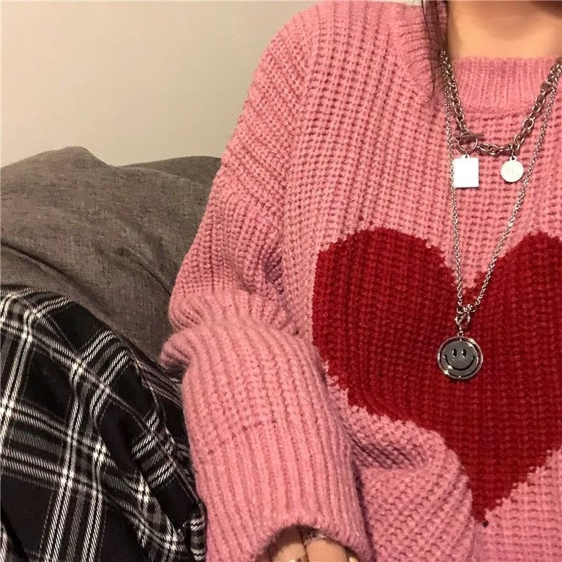 αγάπη πουλόβερ γυναικεία μόδα στρογγυλή λαιμόκοψη χρώμα μπλοκ μακρυμάνικο πουλόβερ πουλόβερ φαρδύ πλεκτό ευέλικτο τοπ υπερμεγέθη πουλόβερ