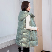 Snow Wear Ζεστό μακρύ γιλέκο Γυναικείο χειμωνιάτικο αδιάβροχο γιλέκο μπουφάν με κουκούλα μεγάλες τσέπες Μόδα γυαλιστερό Parka Αμάνικο παλτό