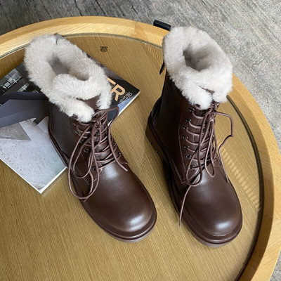 Sieviešu šķeltas ādas sniega zābaki Modes sieviešu šņorzābaki ar platformu Sieviešu melni, apaļi purngals rāvējslēdzēja stila potītes zābaki 2021. gada ziema