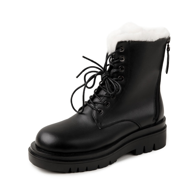 Sieviešu šķeltas ādas sniega zābaki Modes sieviešu šņorzābaki ar platformu Sieviešu melni, apaļi purngals rāvējslēdzēja stila potītes zābaki 2021. gada ziema