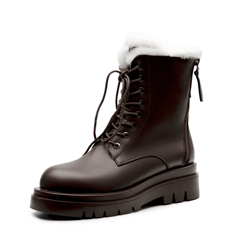 Sieviešu šķeltas ādas sniega zābaki Modes sieviešu šņorzābaki ar platformu Sieviešu melni, apaļi purngals rāvējslēdzēja stila potītes zābaki 2021. gada ziema