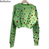 KoHuiJoo Debeo višebojni pleteni pulover s kamenčićima Ženski jesen 2022. Tanki pulover dugih rukava s O-izrezom, Kratki kaput visokog struka