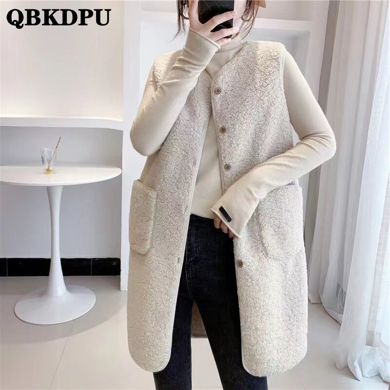 Gilet Teddy mētelis bez piedurknēm korejiešu veste Ārdrēbes ikdienas mētelis Chalecos rudens ziema vidēja garuma mākslīgie jēri siltā veste sievietēm