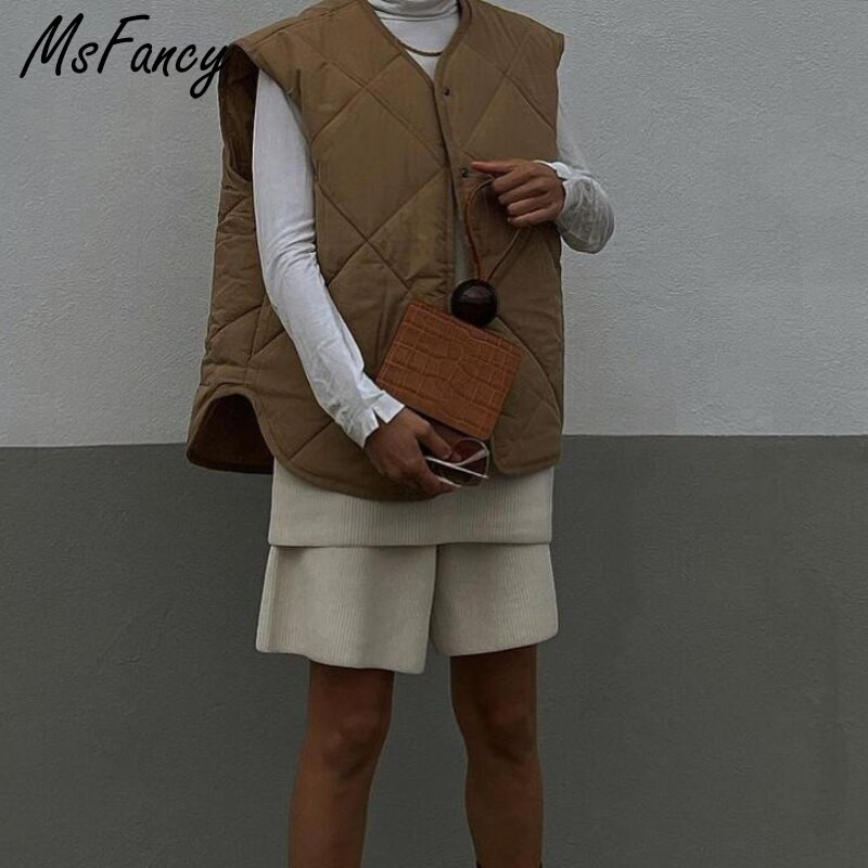 Msfancy Brown lielizmēra veste, sieviešu pavasara jaka bez piedurknēm, 2022. gada modes mētelis ar vienu mēteli, Mujer topi