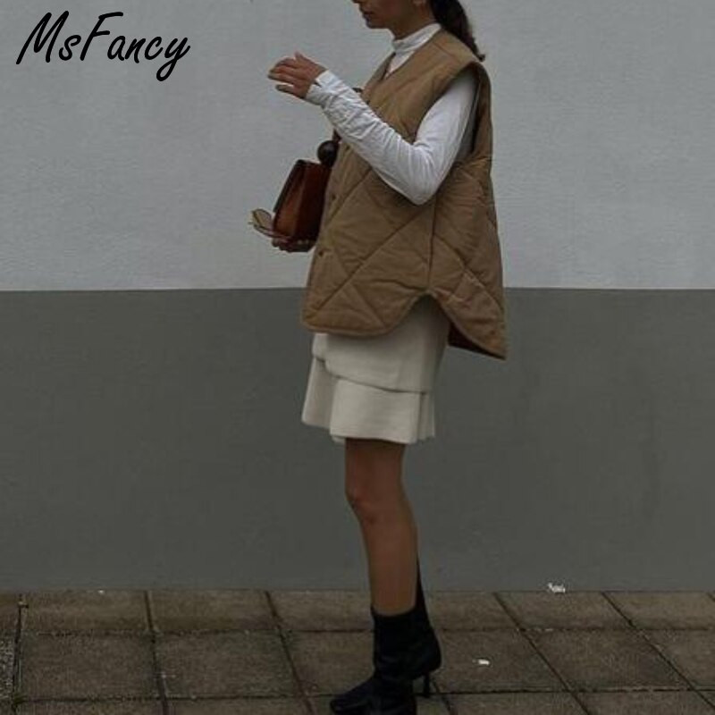 Msfancy Brown lielizmēra veste, sieviešu pavasara jaka bez piedurknēm, 2022. gada modes mētelis ar vienu mēteli, Mujer topi