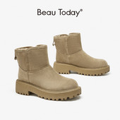 BeauToday sniega zābaki Platforma Sieviešu govs zamšādas ādas puszābaki apaļš purngals Sieviešu ziemas kažokādas apavi roku darbs 08211