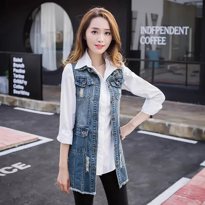 2022 Νέο τζιν γυναικείο γιλέκο Άνοιξη Φθινοπωρινό Αμάνικο μεσαίο παλτό Jean Cardigan Γυναικείο τζιν γιλέκο Casual πανωφόρια μπλουζάκια