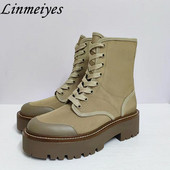 Biezas zoles īsi zābaki Sieviešu Khaki Patchwork Zābaki Sieviešu Mežģīnes Apaļš purngals Zābaki Plakani Motociklistu Zābaki Sieviešu