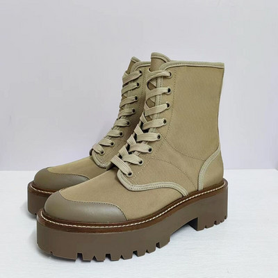 Biezas zoles īsi zābaki Sieviešu Khaki Patchwork Zābaki Sieviešu Mežģīnes Apaļš purngals Zābaki Plakani Motociklistu Zābaki Sieviešu