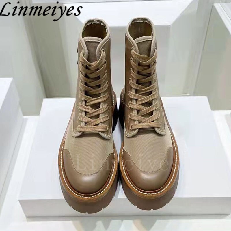 Biezas zoles īsi zābaki Sieviešu Khaki Patchwork Zābaki Sieviešu Mežģīnes Apaļš purngals Zābaki Plakani Motociklistu Zābaki Sieviešu