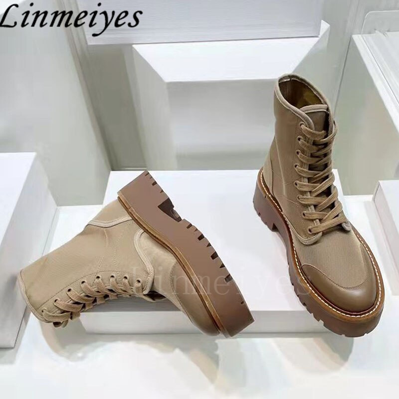 Biezas zoles īsi zābaki Sieviešu Khaki Patchwork Zābaki Sieviešu Mežģīnes Apaļš purngals Zābaki Plakani Motociklistu Zābaki Sieviešu