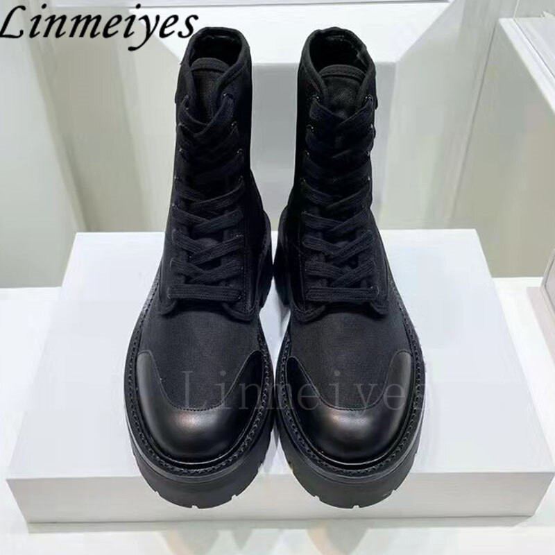 Biezas zoles īsi zābaki Sieviešu Khaki Patchwork Zābaki Sieviešu Mežģīnes Apaļš purngals Zābaki Plakani Motociklistu Zābaki Sieviešu