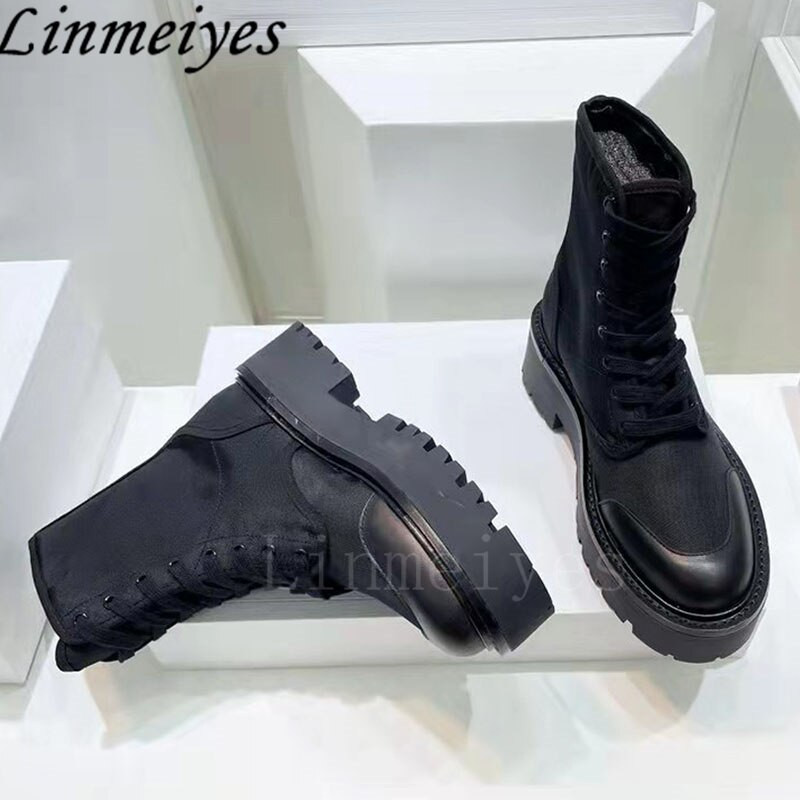 Biezas zoles īsi zābaki Sieviešu Khaki Patchwork Zābaki Sieviešu Mežģīnes Apaļš purngals Zābaki Plakani Motociklistu Zābaki Sieviešu