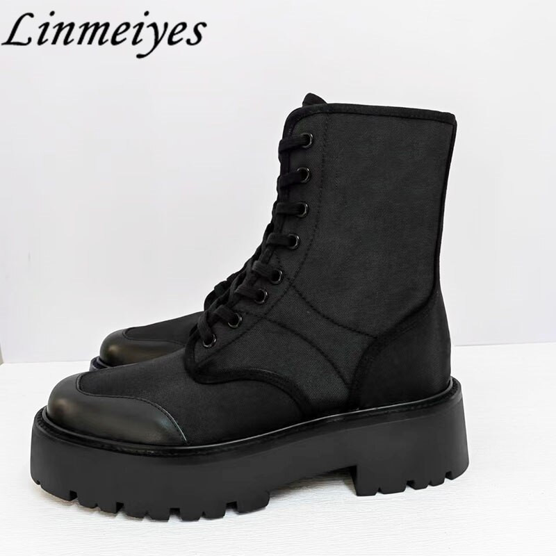 Biezas zoles īsi zābaki Sieviešu Khaki Patchwork Zābaki Sieviešu Mežģīnes Apaļš purngals Zābaki Plakani Motociklistu Zābaki Sieviešu