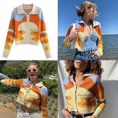 Rebeka abotonada de las mujeres, tops largos de la solapa del punto del bloque del color del bordado de la letra de la manga