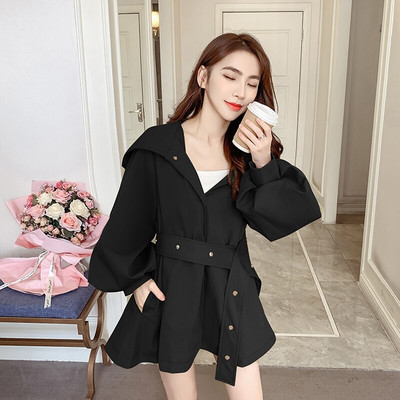 Brīvi liela izmēra gari sieviešu korejiešu stila mētelis ar kapuci ar jostu sieviešu apmetnis vējjaka pavasara rudens virsdrēbes haki melnā krāsā