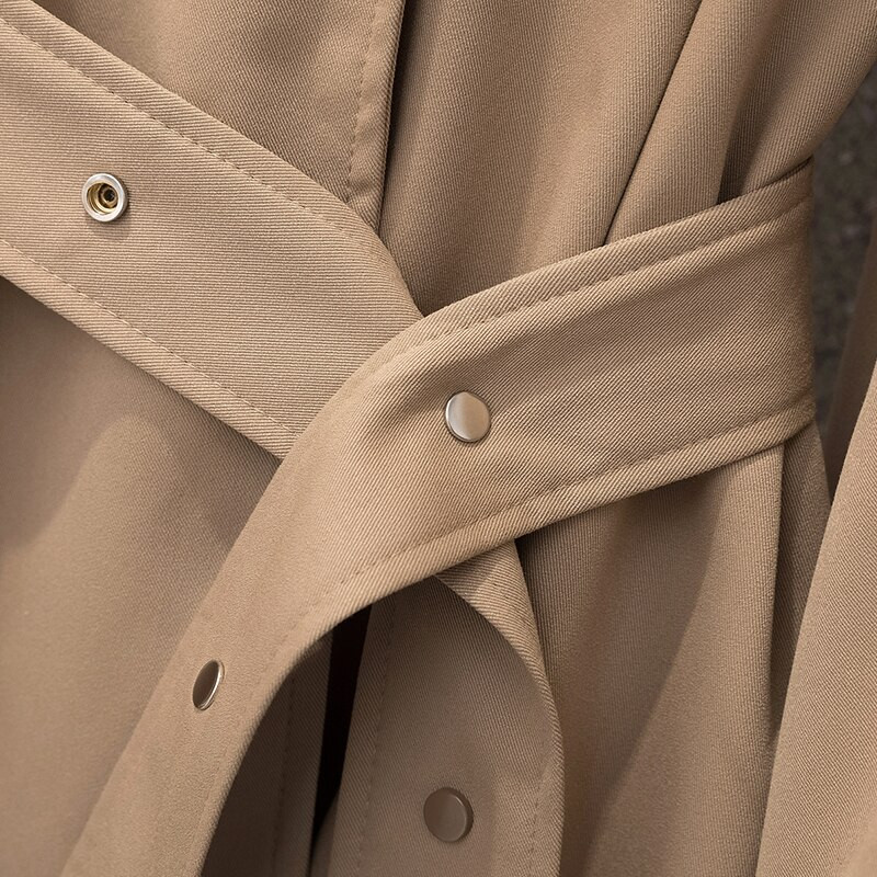 Brīvi liela izmēra gari sieviešu korejiešu stila mētelis ar kapuci ar jostu sieviešu apmetnis vējjaka pavasara rudens virsdrēbes haki melnā krāsā